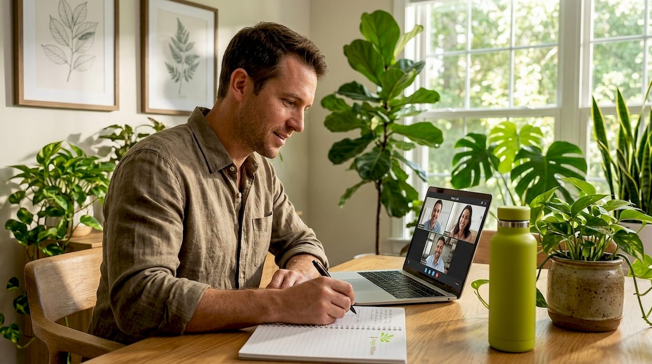 Employee taking notes during a hybrid online meeting