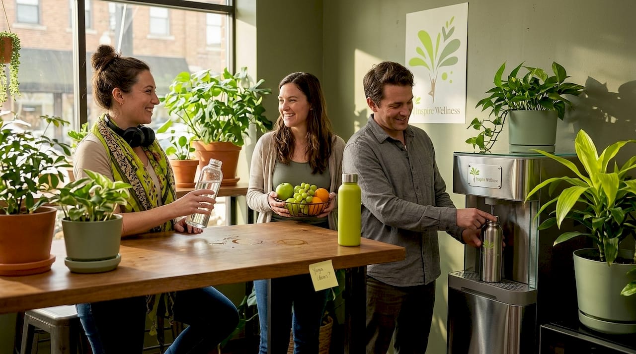 Employees gather at office wellness station