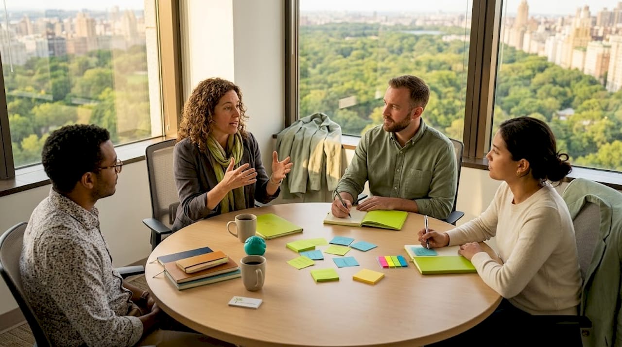 Employees in relaxed office discussion