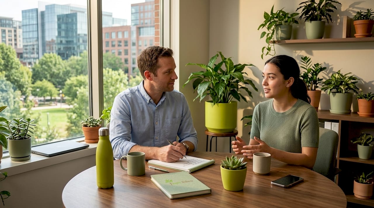 Manager listening to employee in office during meeting