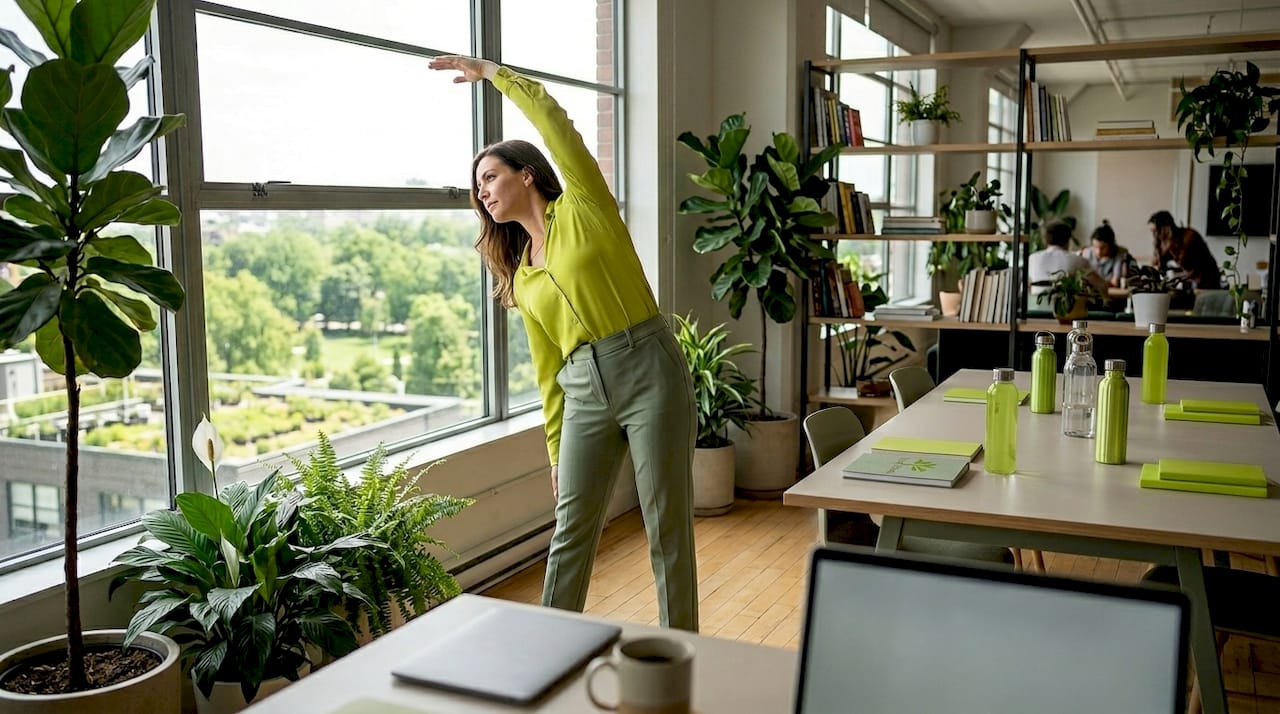 Employee stretching in office during break