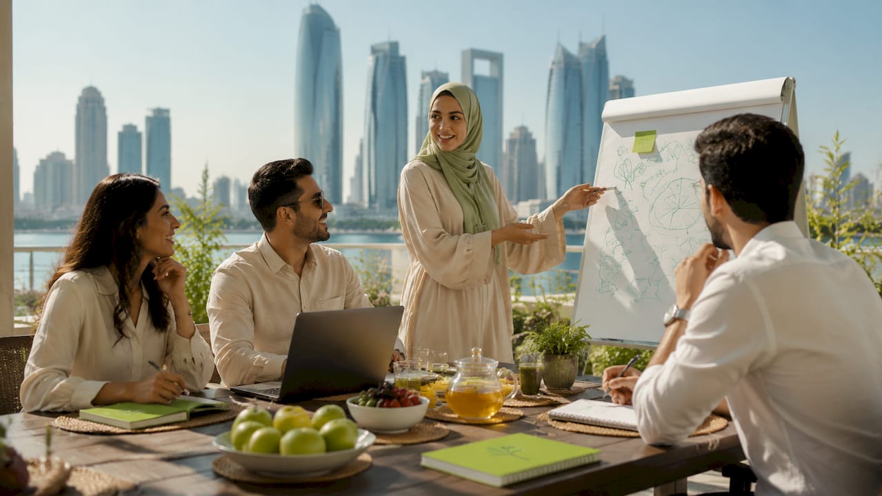 Team discussing workplace wellbeing plan