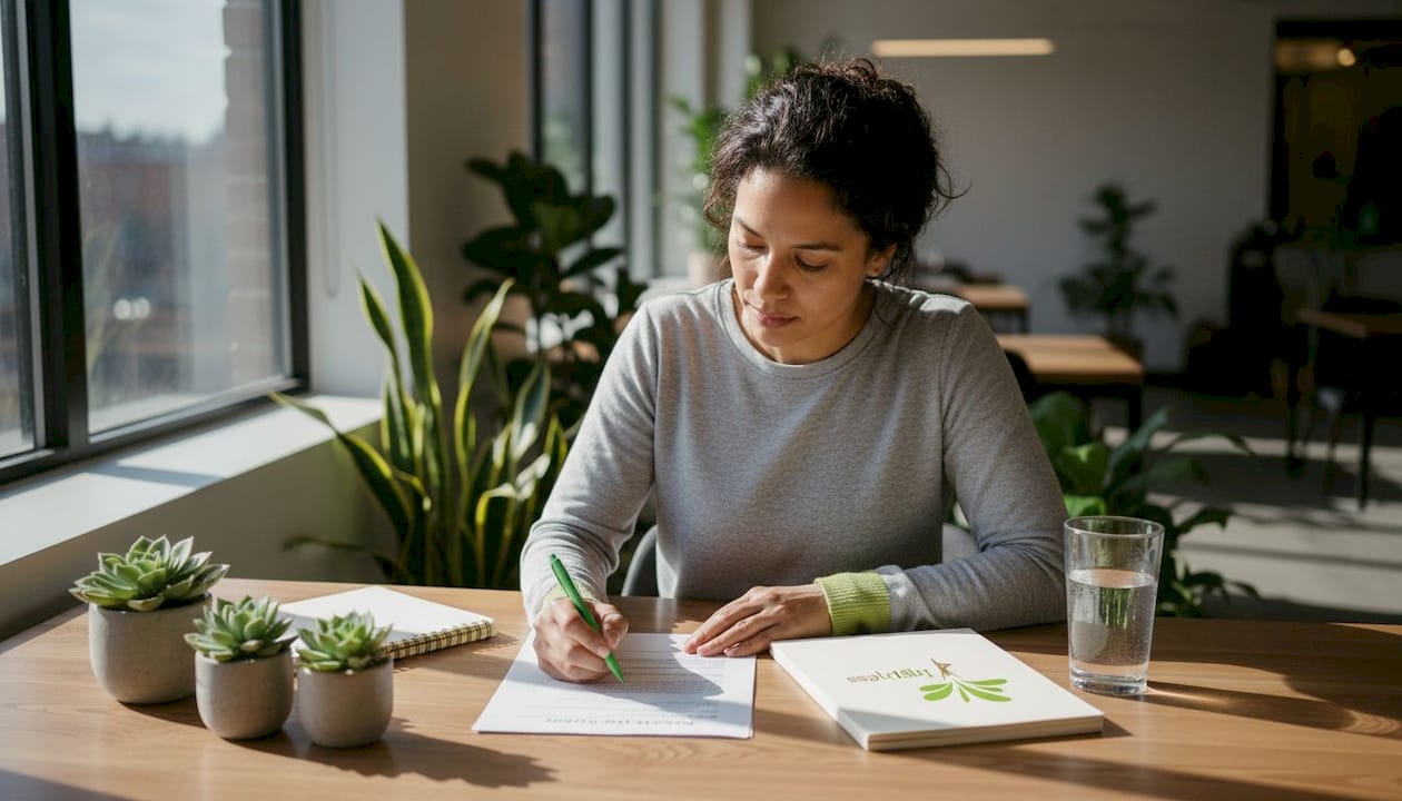 HR manager reviewing wellness framework document