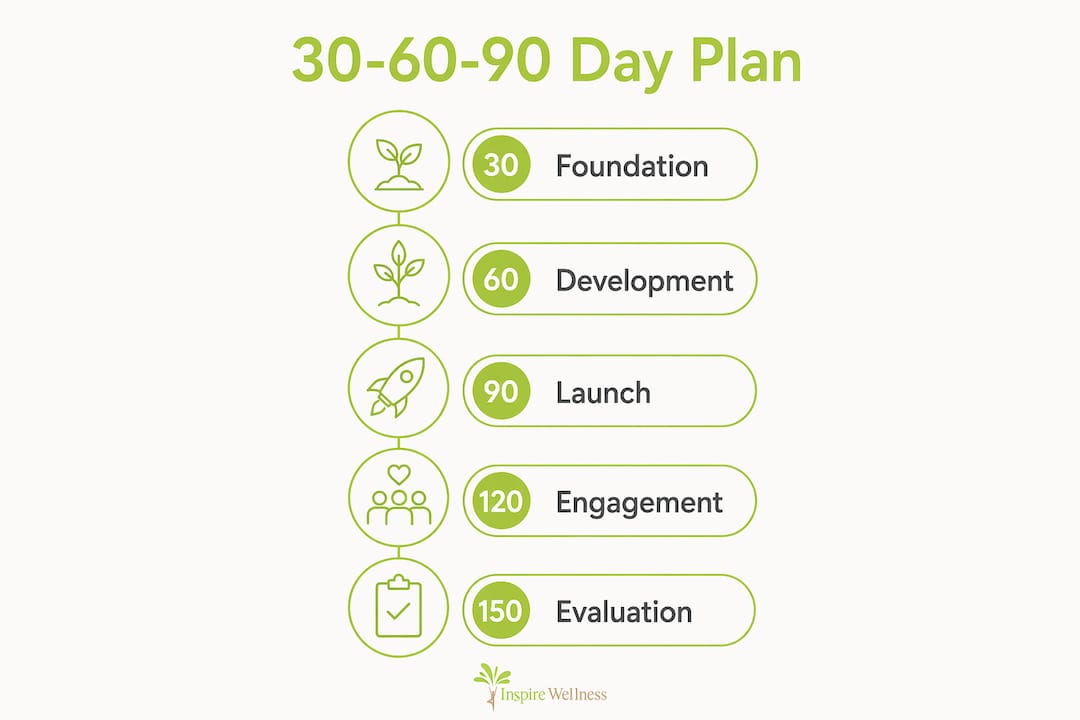 Infographic outlining 30-60-90 day wellness rollout plan