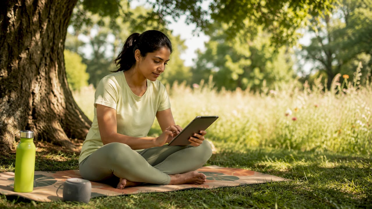 Woman engaging in mindfulness session on tablet