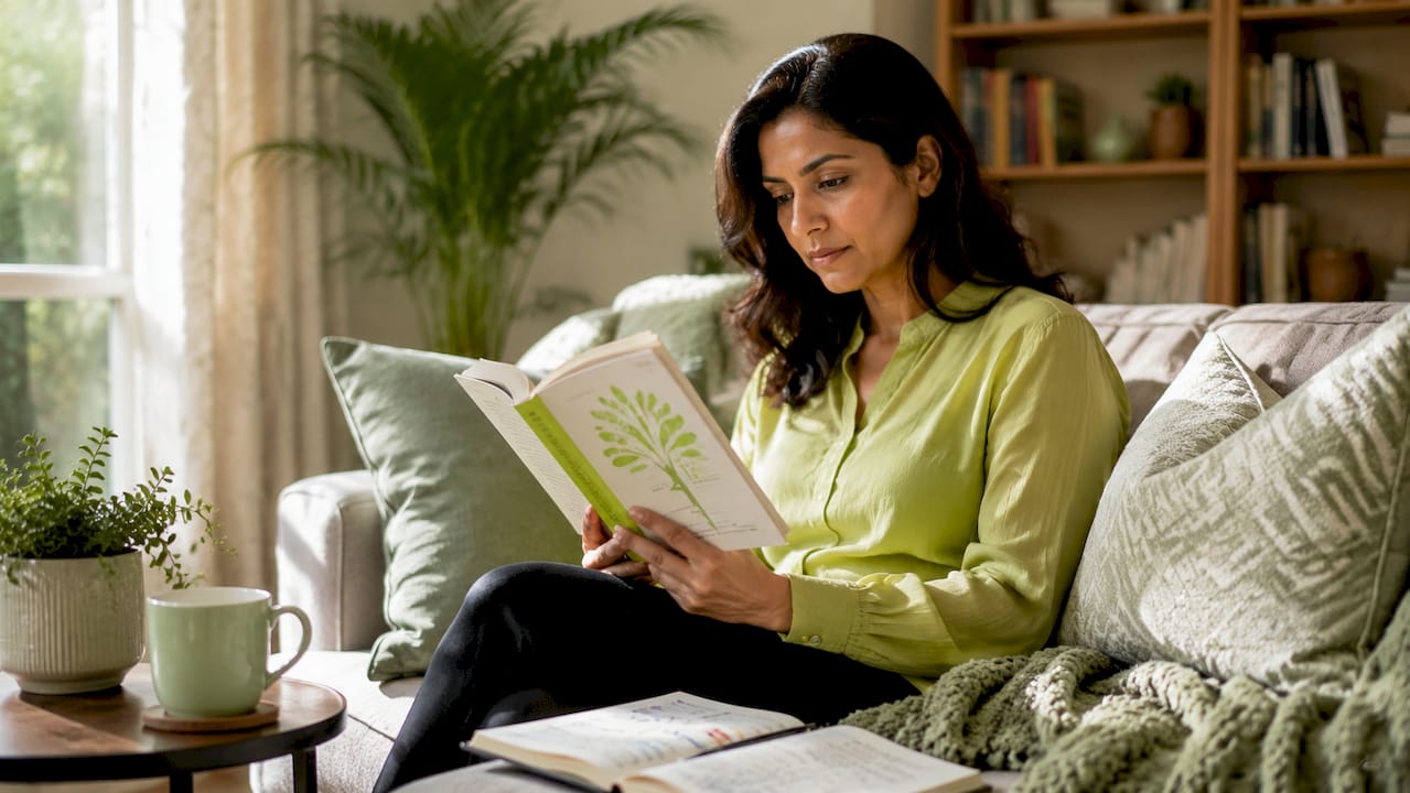 Woman reading wellness guidebook at desk