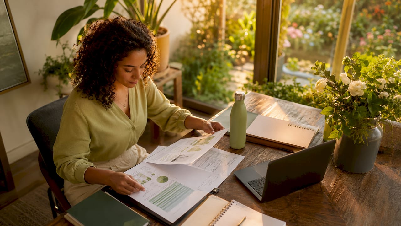 HR manager reviewing wellbeing reports in luxury office