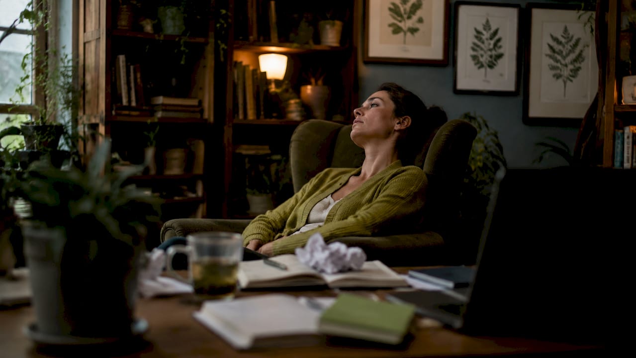 Tired employee showing burnout at office desk