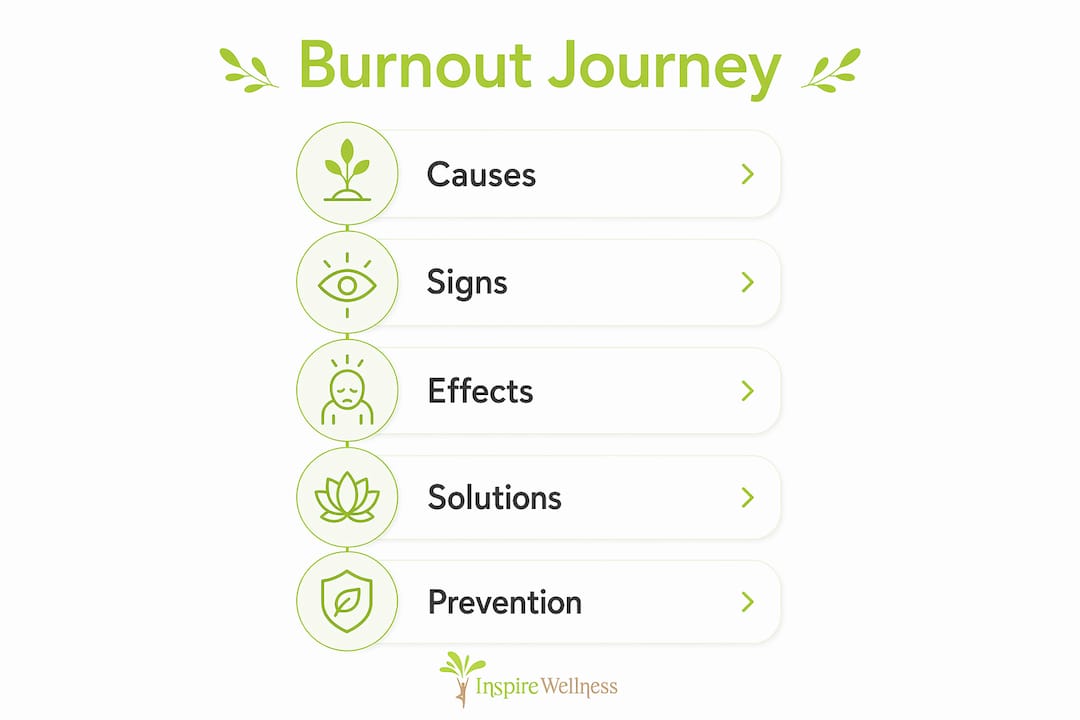 Infographic illustrating the stages and aspects of workplace burnout