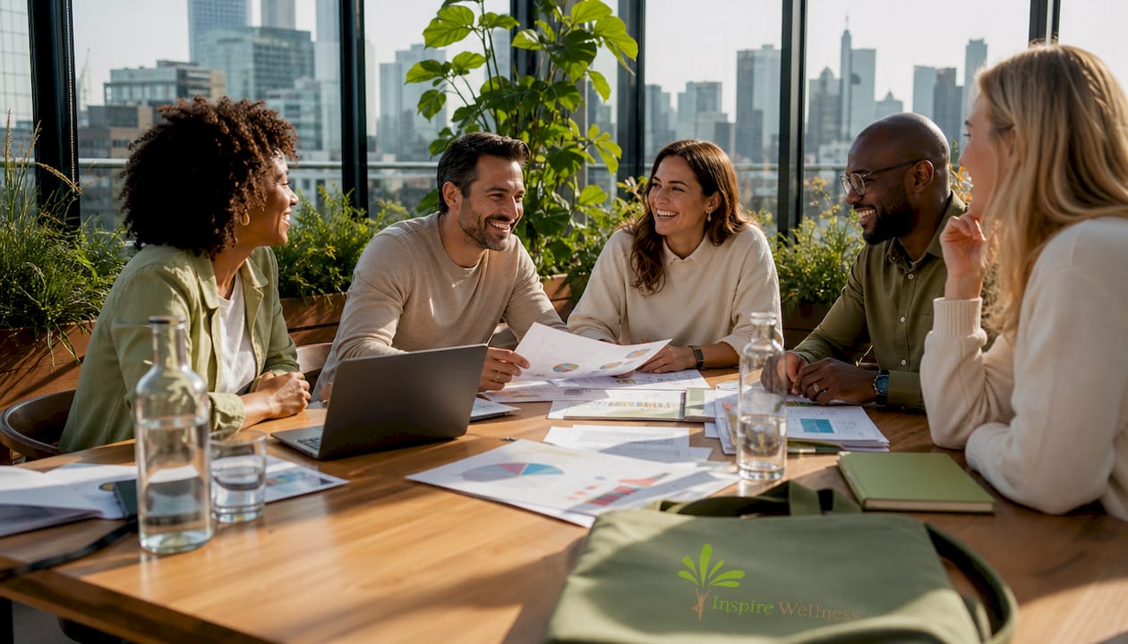 HR leaders discussing wellness program plans in meeting room