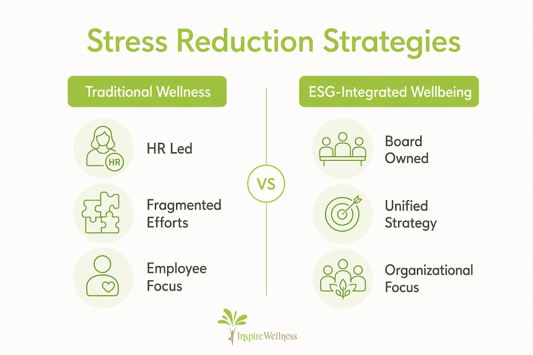 Infographic comparing traditional wellness and ESG-integrated wellbeing strategies