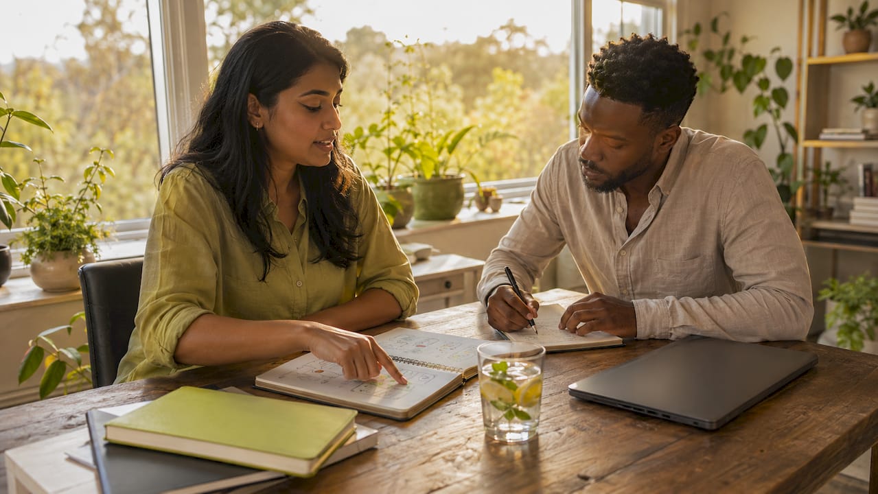 Two employees discussing workplace fulfillment metrics