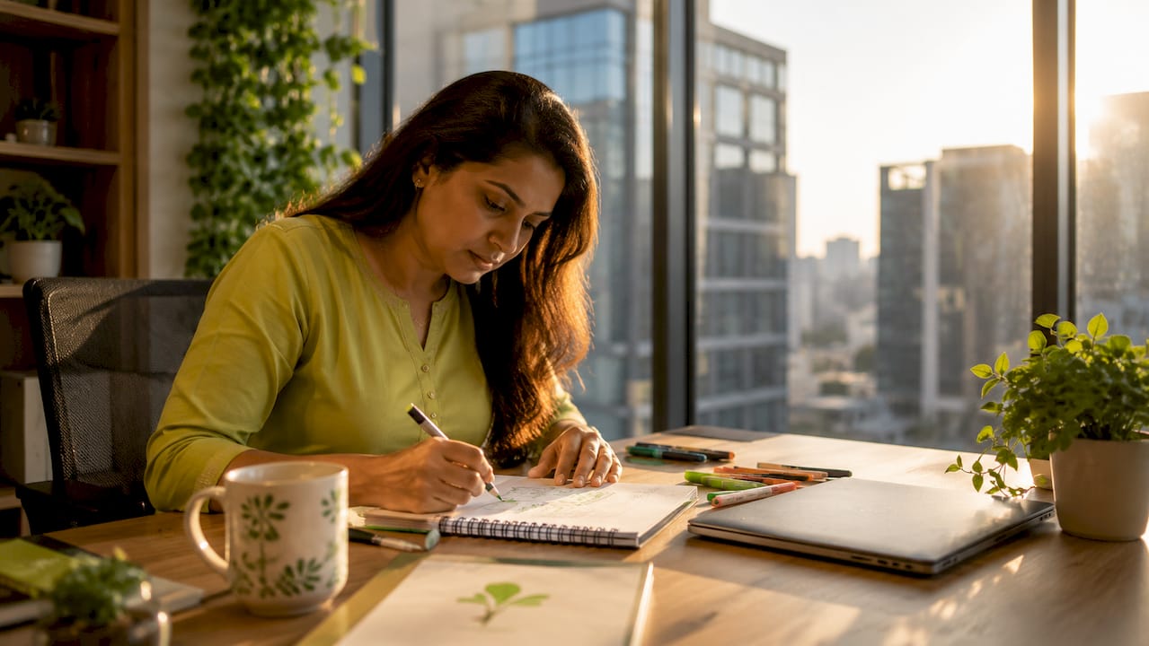 Focused woman sketching ideas at desk