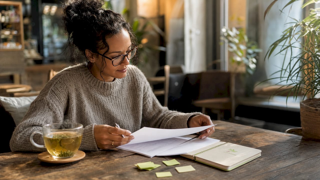 Woman assessing workplace wellbeing documents