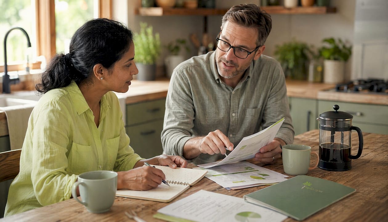 Two employees discussing wellness program documents