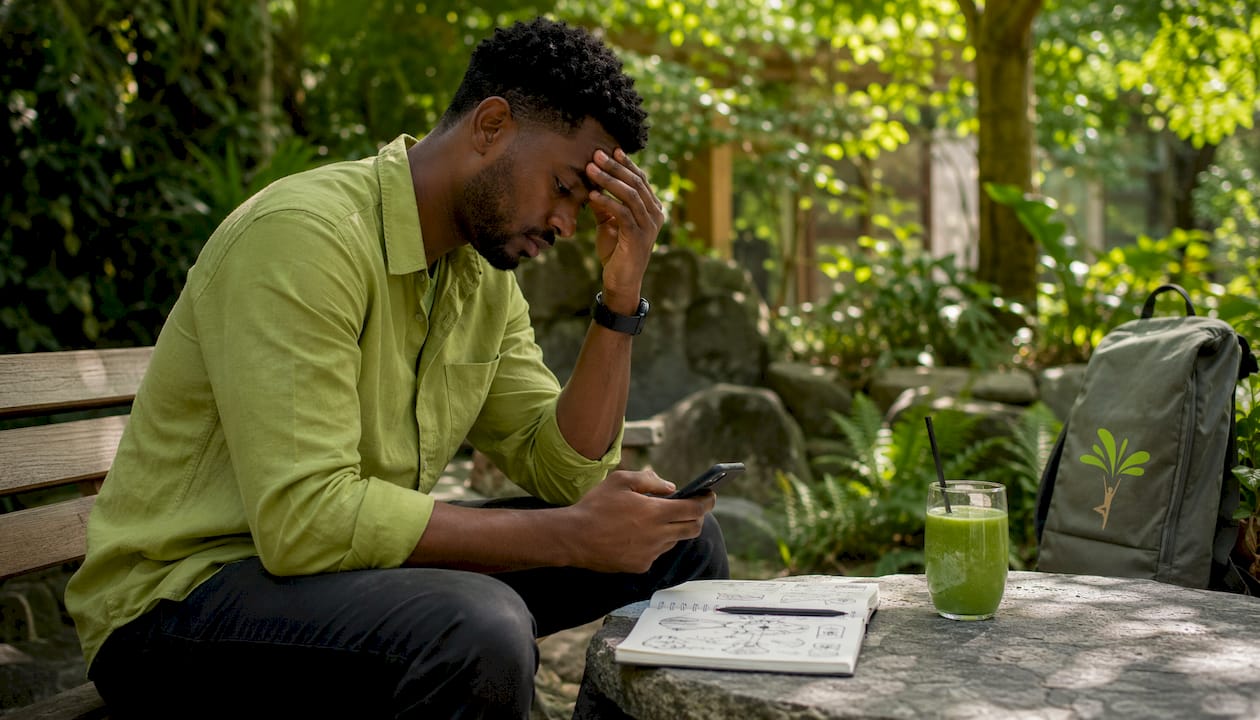 Stressed man using smartphone in office break room