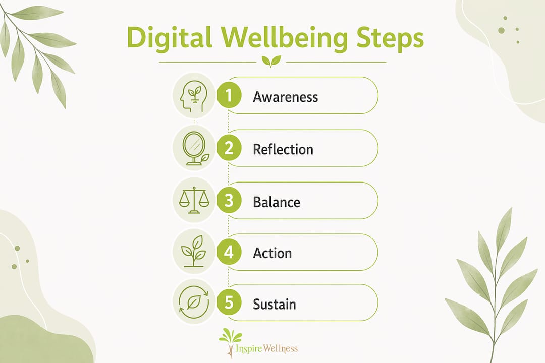 Infographic showing five steps of digital wellbeing