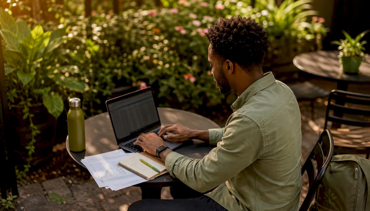 Finance analyst working in flexible workspace