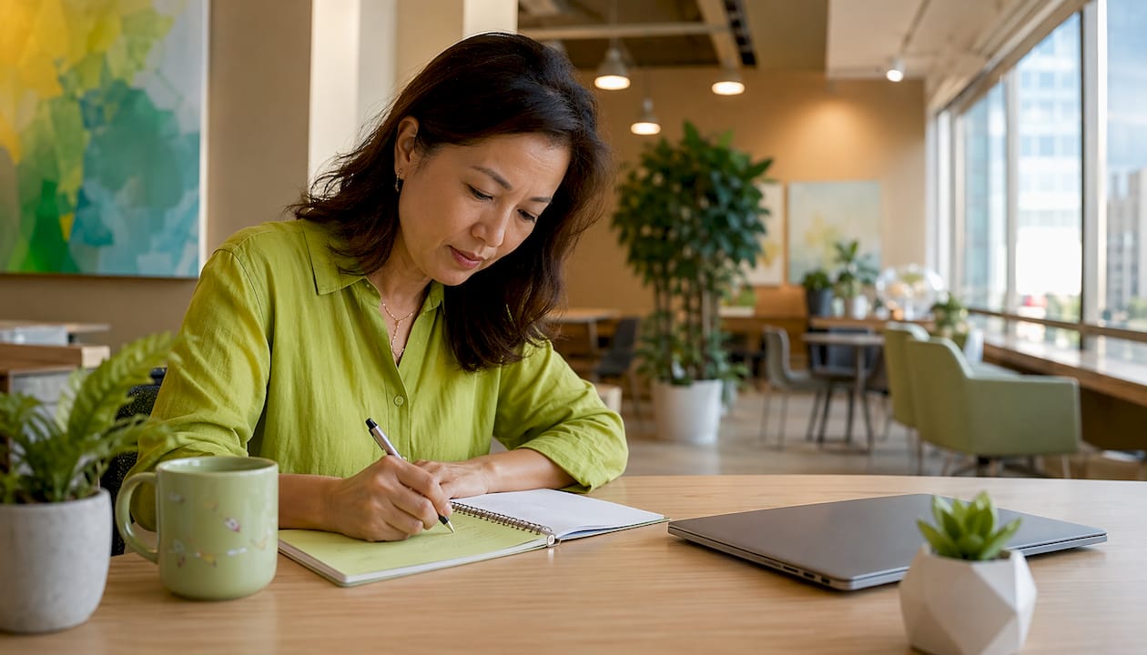 Finance professional reviewing stress management workbook