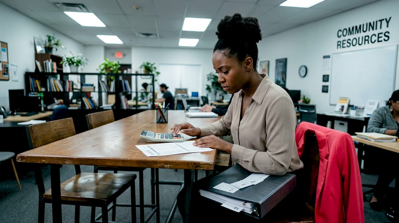 Black woman reviewing finances in coworking space