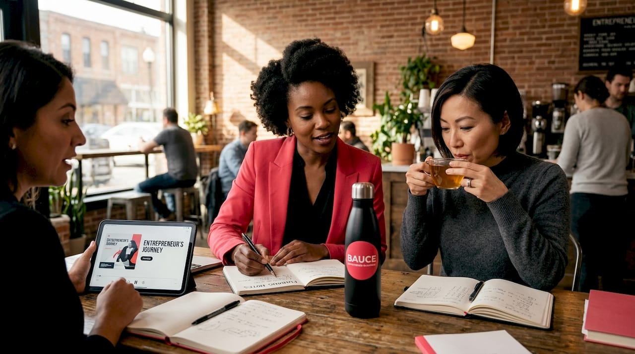 Women entrepreneurs collaborate in coffee shop workspace
