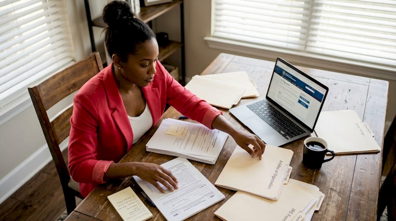 Black woman organizing LLC paperwork at home table