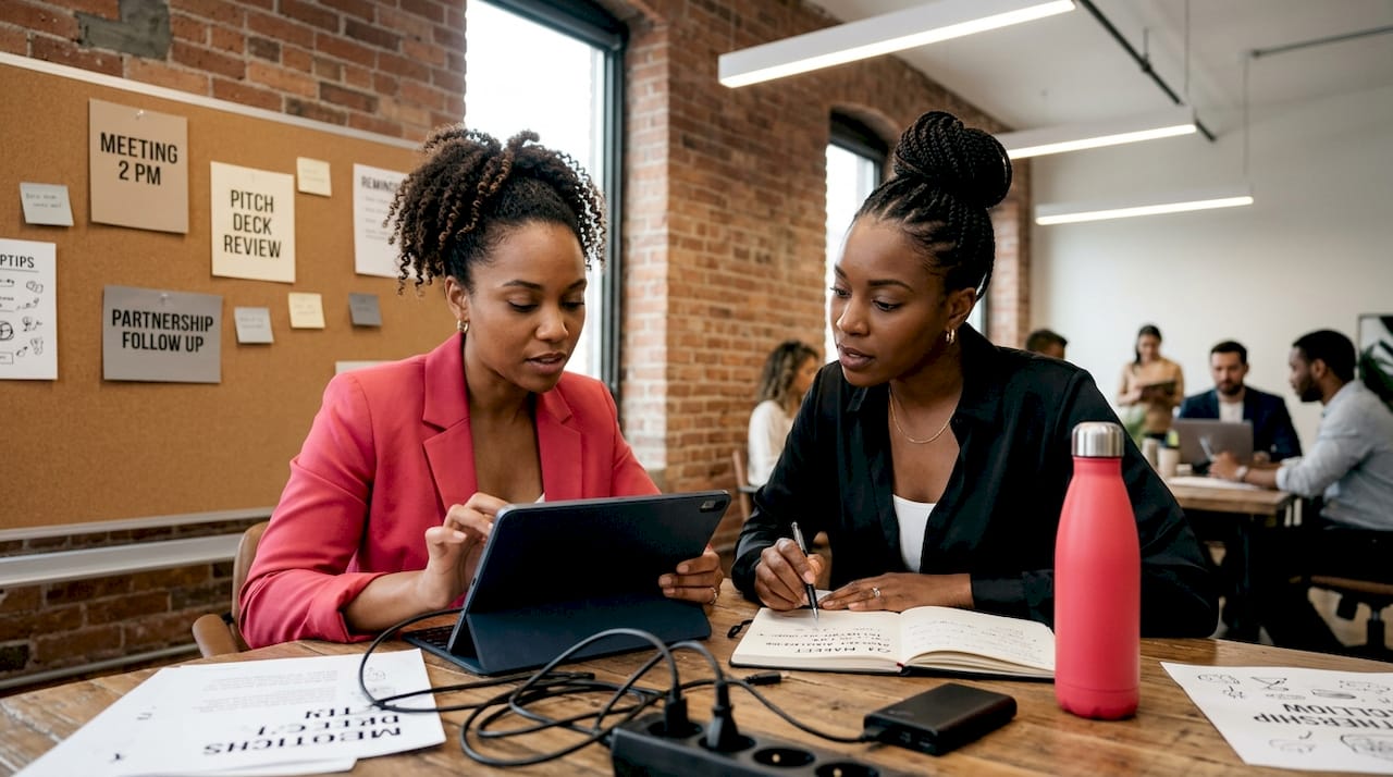 Two Black women entrepreneurs work at cluttered table