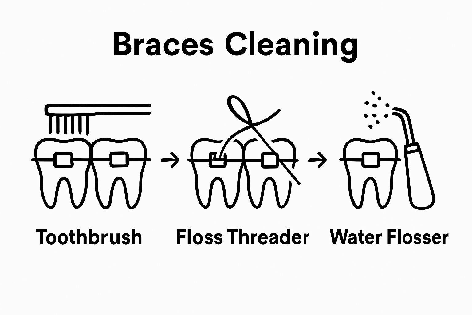 Infographic showing step-by-step daily oral care with braces: brushing, floss threading, and water flossing.