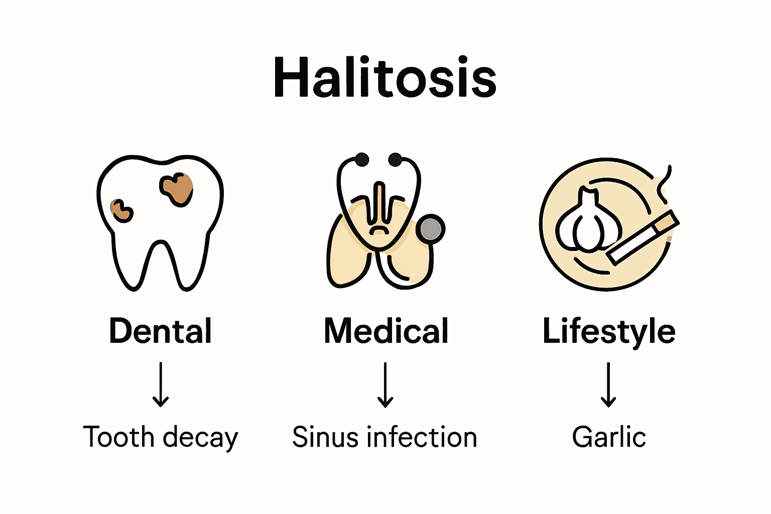 Infographic comparing dental, medical, and lifestyle causes of halitosis with icons and brief descriptions.