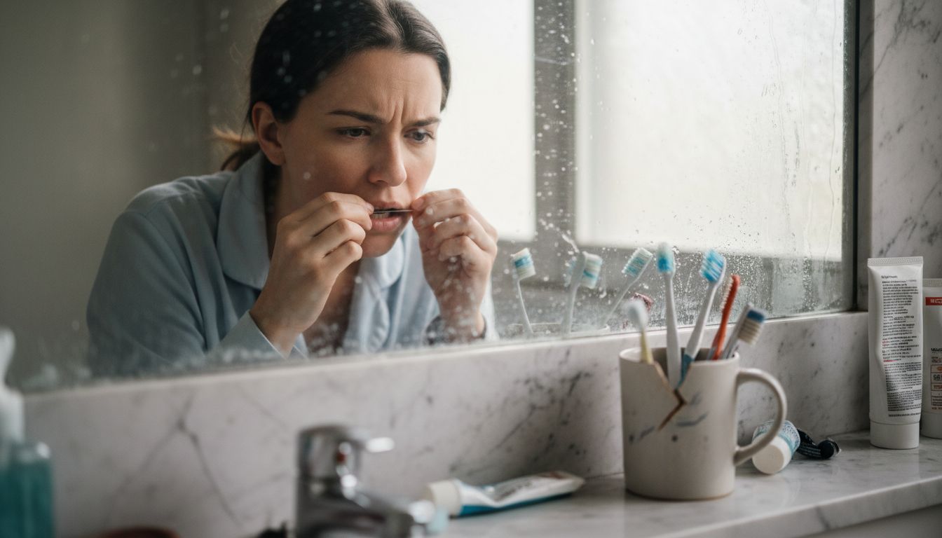 Woman carefully flossing teeth close-up