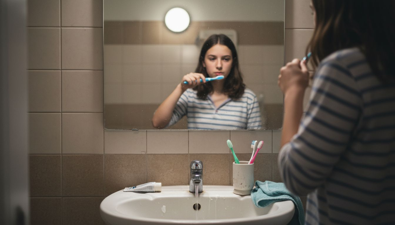 Teen brushing teeth with soft-bristled brush
