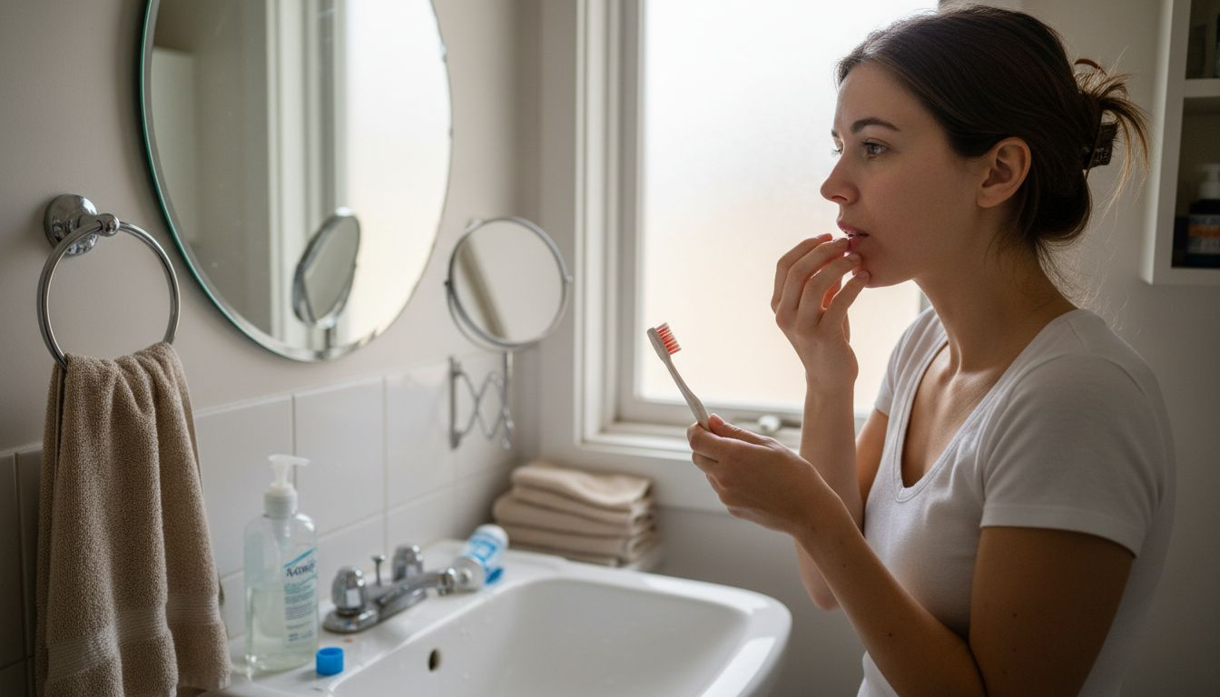 Woman checking early gingivitis in home bathroom