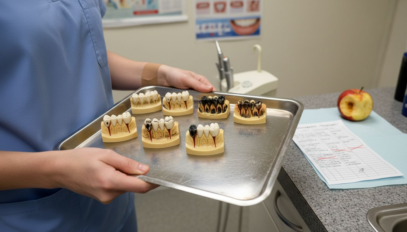 Tooth models showing cavity and abscess stages