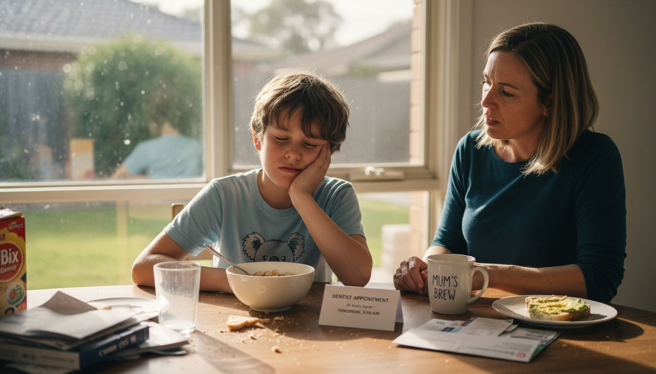 Child with toothache at kitchen table