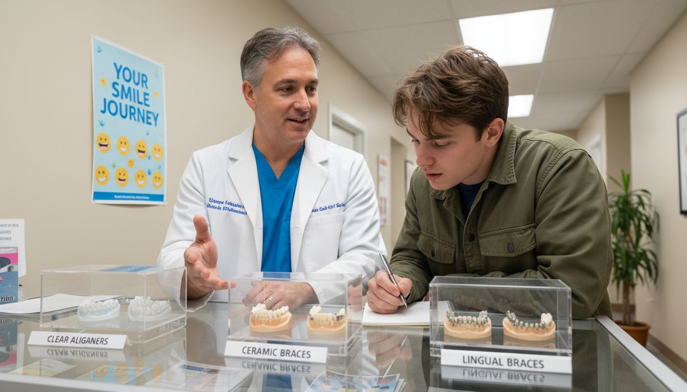 Orthodontist showing invisible braces types to patient