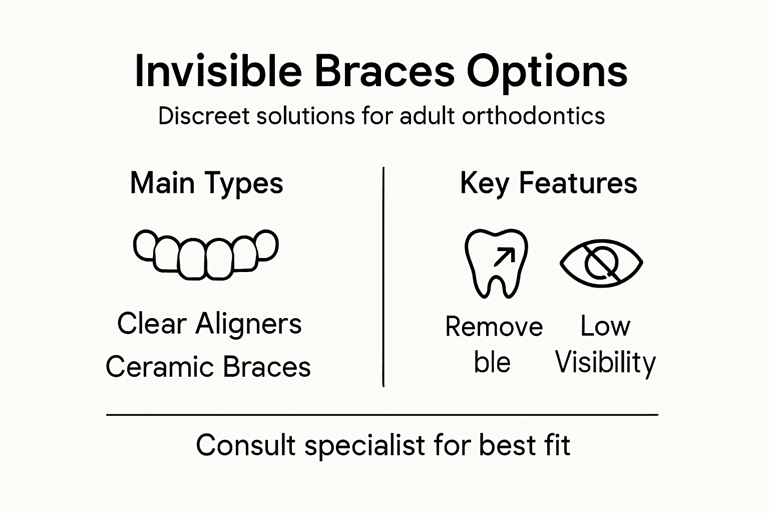 Infographic summarizing invisible braces types and features