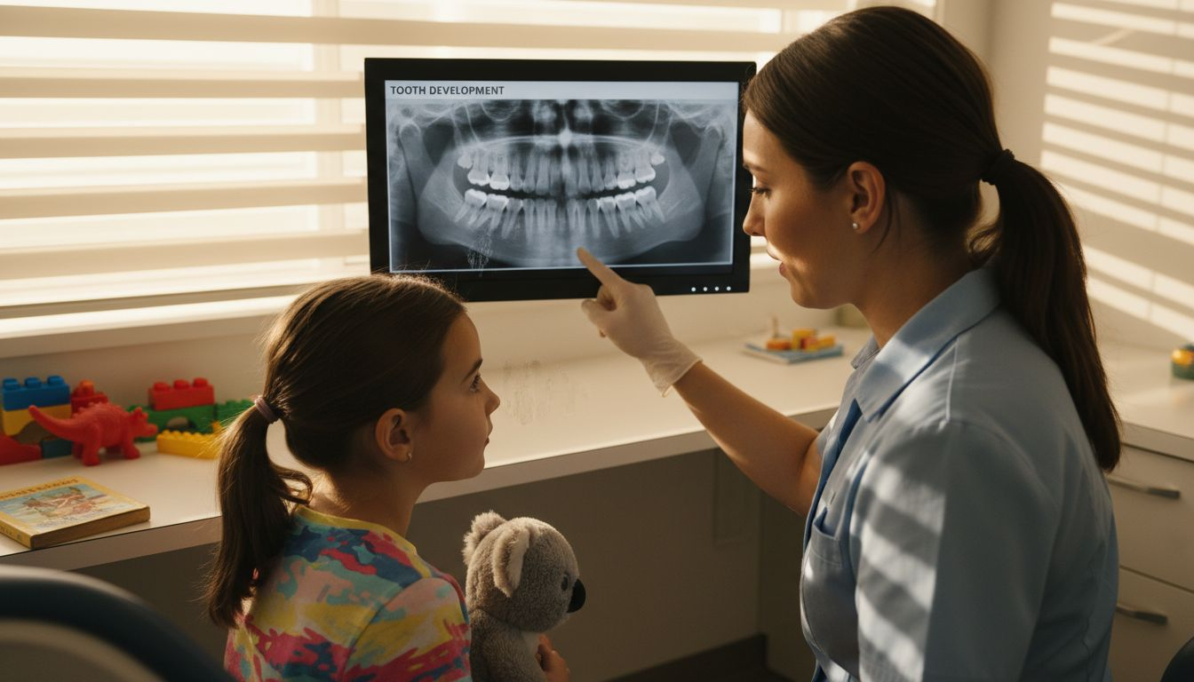 Dentist explains dental X-ray to young girl