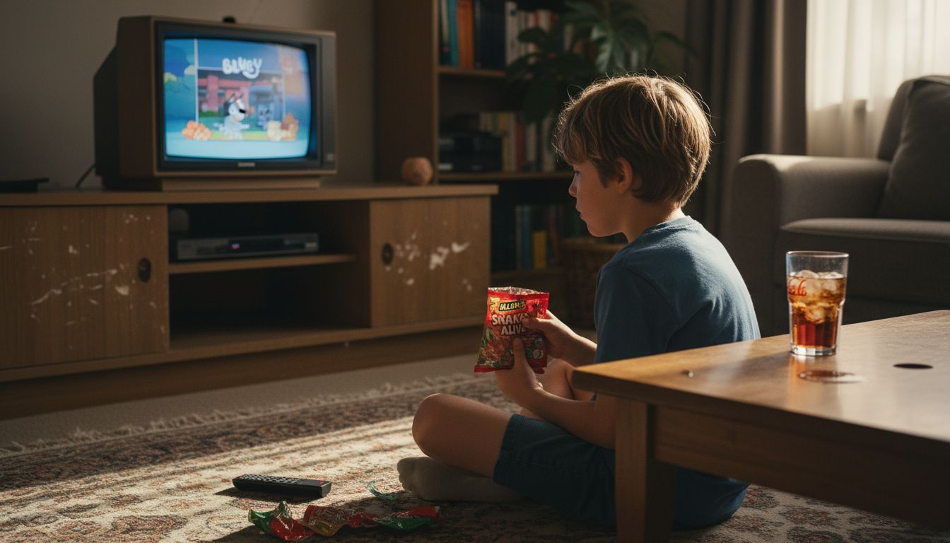 Boy snacking on lollies while watching TV
