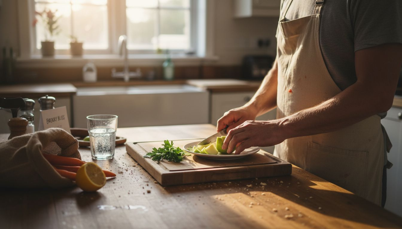 Man preparing fresh fruits and parsley in kitchen