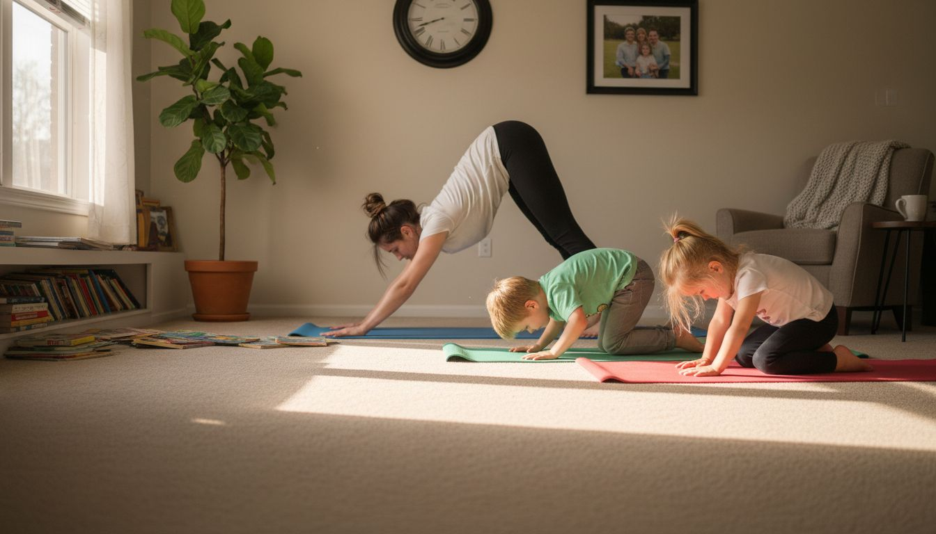 Mother and children doing yoga in living room
