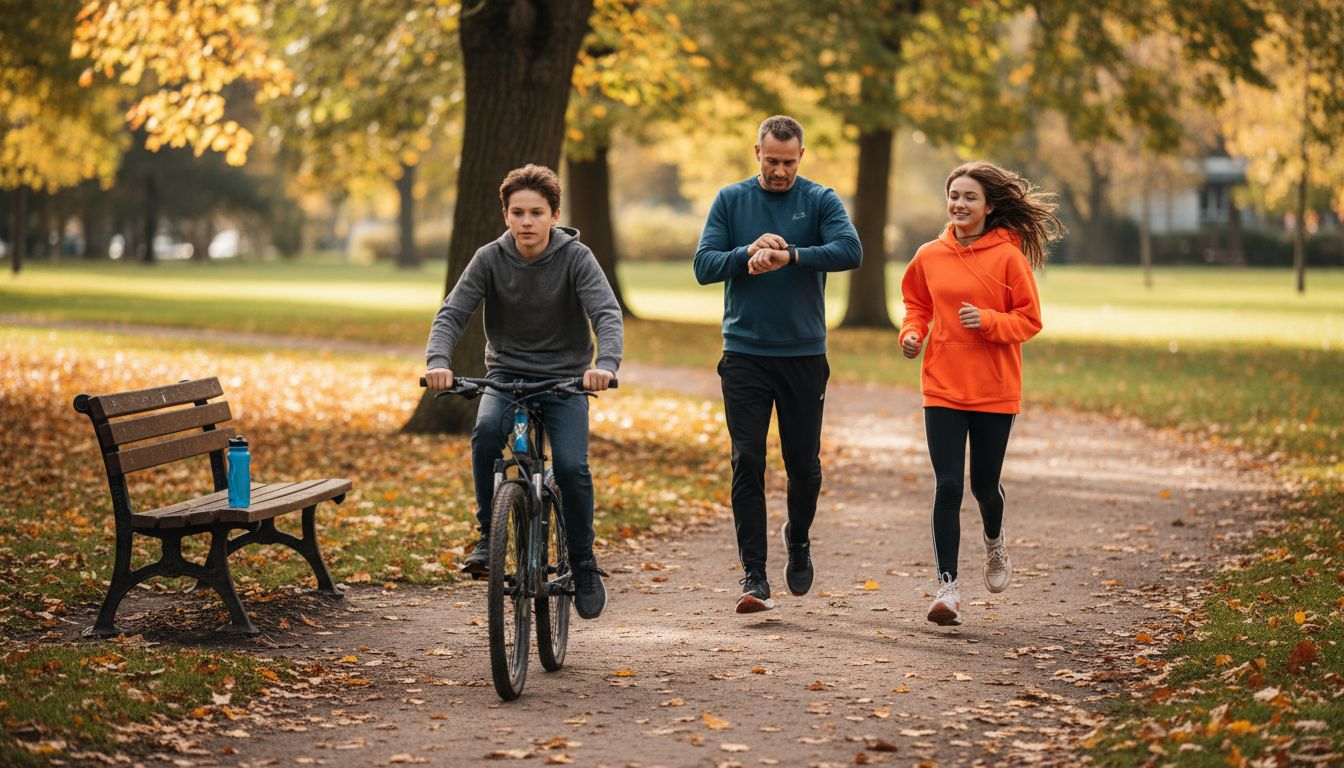 Family exercising together in city park
