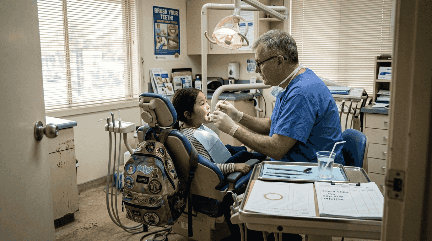 Dentist checking young child’s teeth