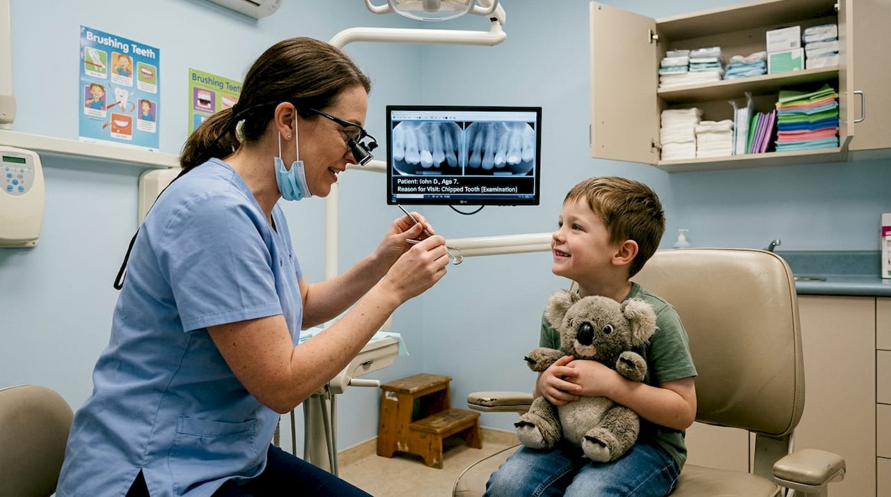 Dentist examining child’s chipped tooth in clinic