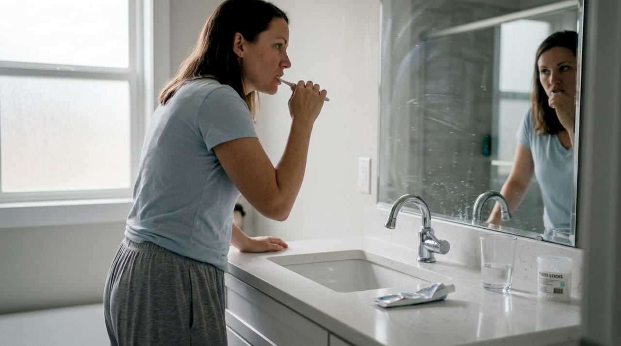 Woman brushing teeth with dental crown