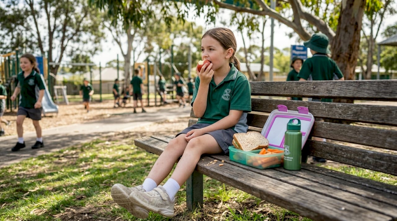 Child eating healthy snack at school lunch