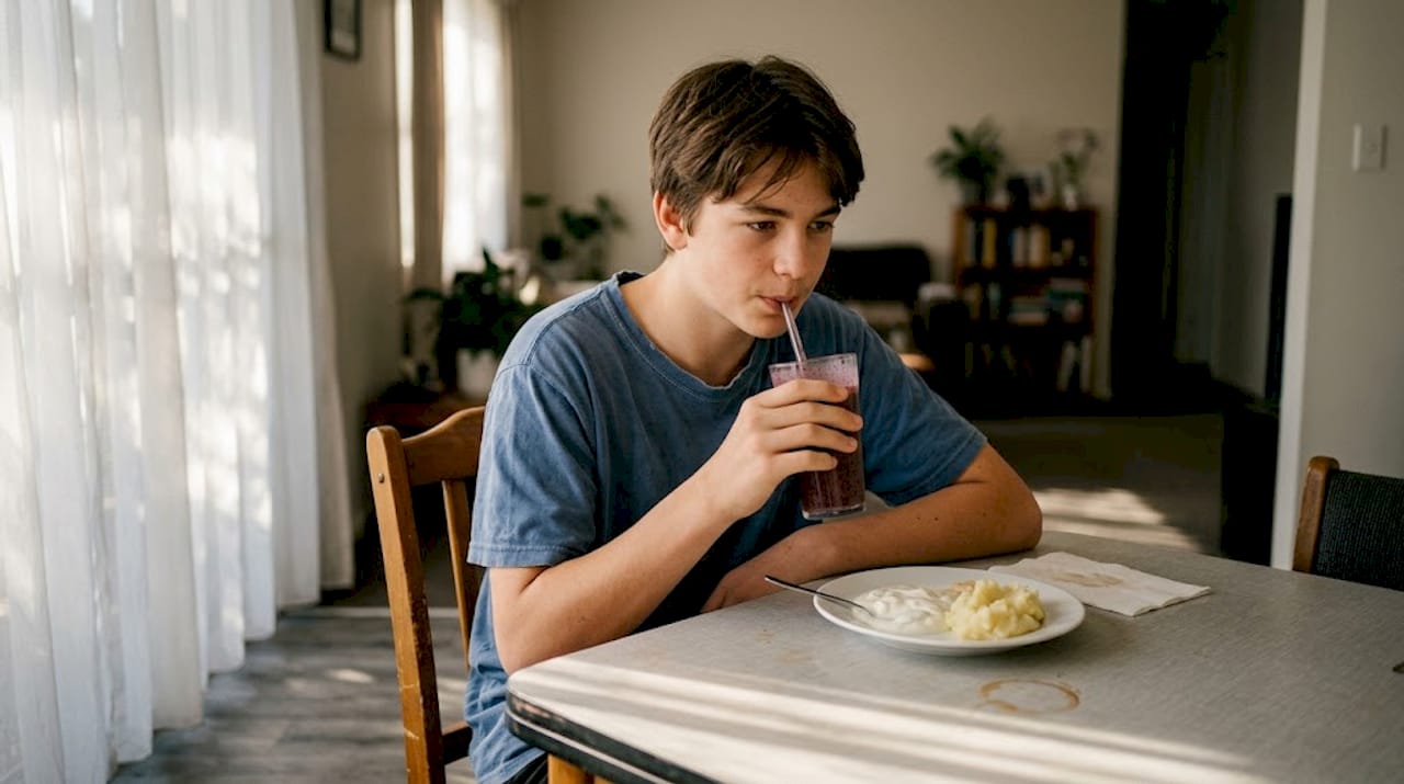 Teen sipping smoothie for tongue healing