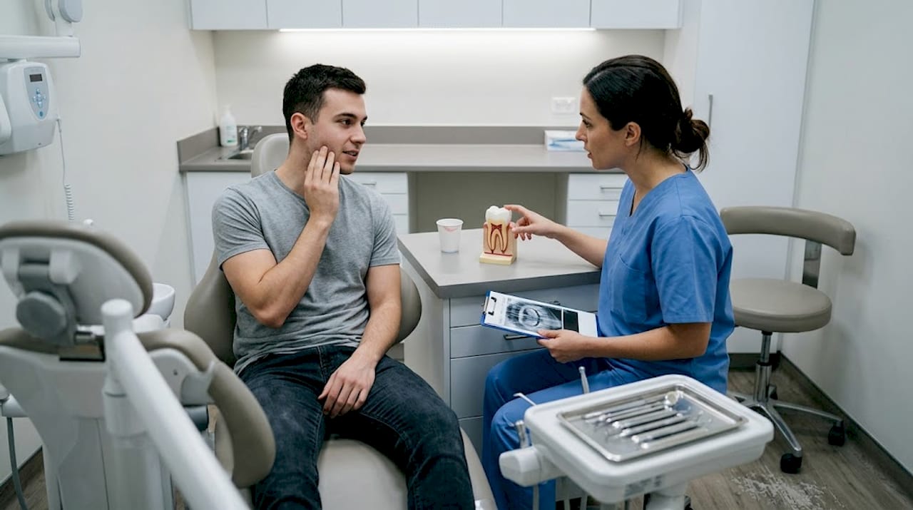 Patient in dental clinic discusses jaw swelling