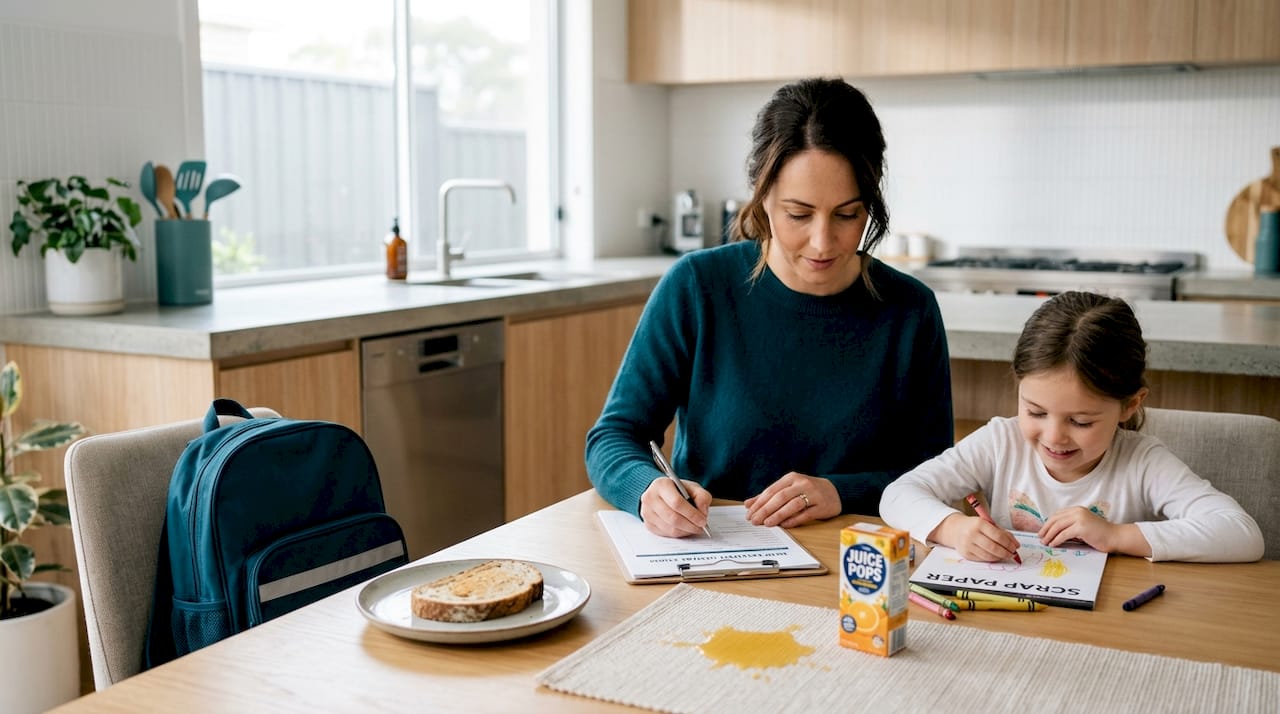Parent and child preparing dental paperwork at kitchen table