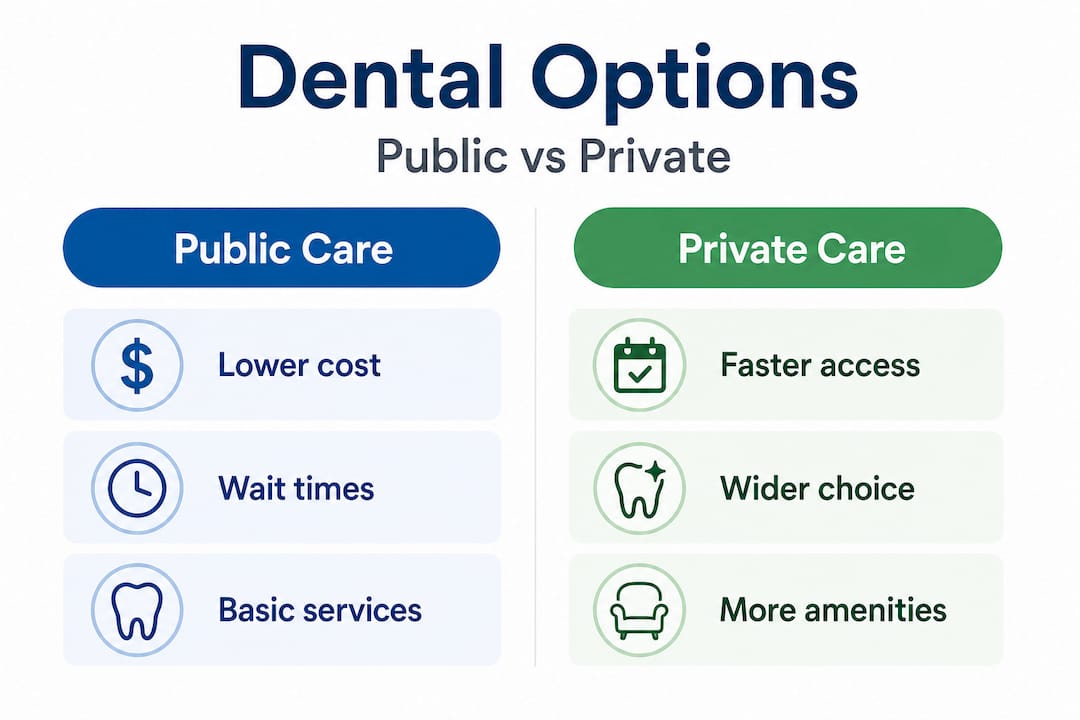Infographic comparing public and private dental care options