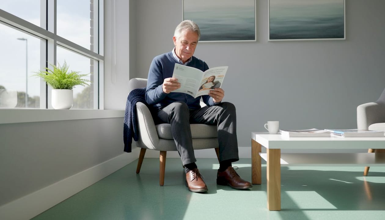 Senior man reading brochure in dental clinic waiting room